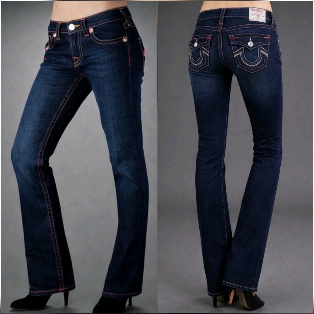 True Religion Billy Pink Rainbow Stitch Low Rise Straight Leg Jeans SZ 4 x 32L